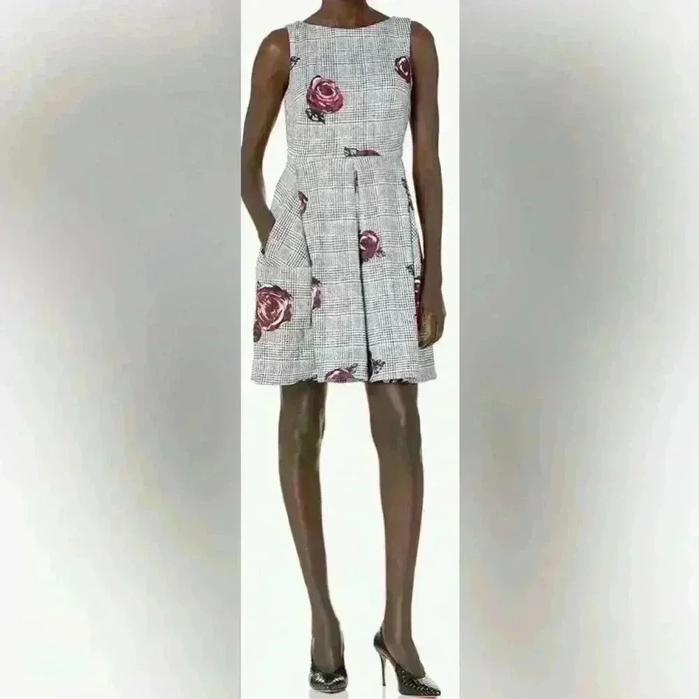 Sleeveless Plaid with Floral Fit and Flare Scuba Dress, Black/Ivory/Wine, 10-11